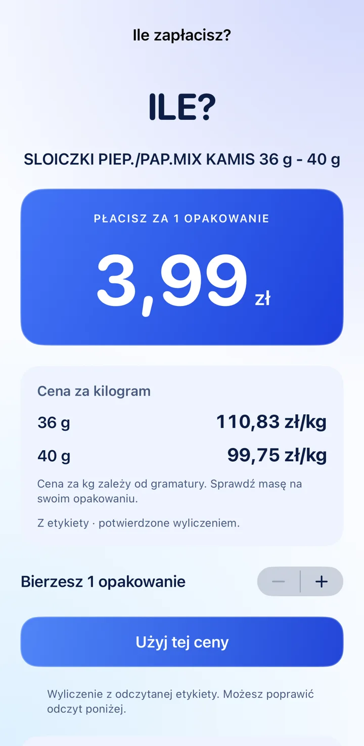 Ekran „Ile zapłacisz?” w aplikacji ILE?: nazwa produktu, duża kwota 3,99 zł, cena za kilogram dla 36 g i 40 g, wybór ilości